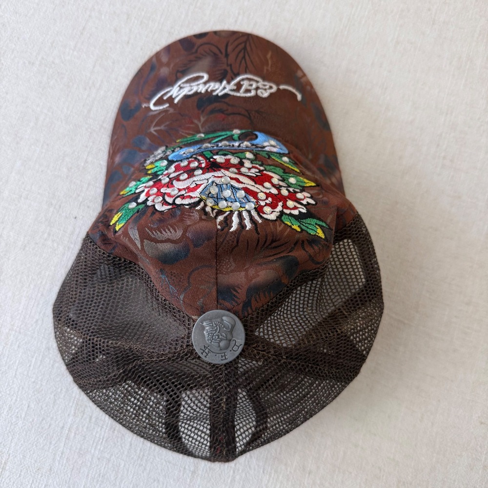 Ed Hardy Brown Floral Rhinestone Rose Tattoo Trucker Hat Mesh Snapback Cap Y2K - Picture 3 of 7